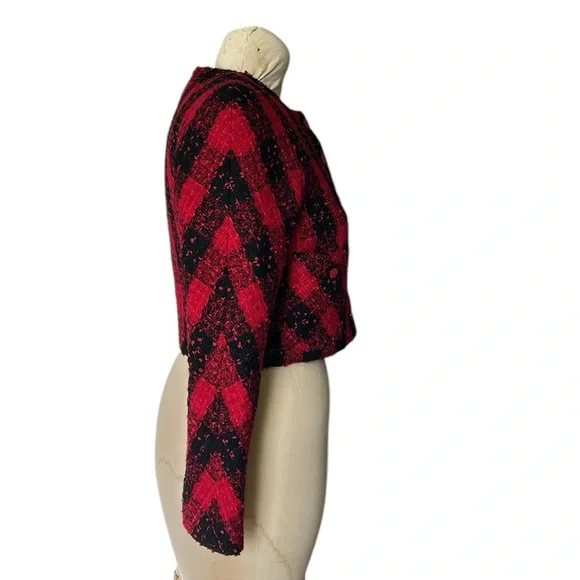 Vintage Carlisle Wool Red/Black Buffalo Check Boucle Blazer‎ Cropped Lined 6